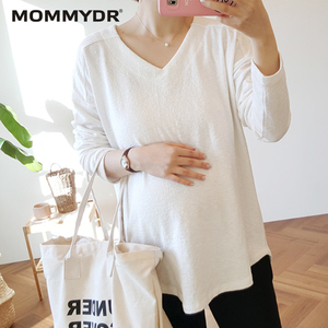 孕妇t恤长袖中长款纯棉宽松白色体恤衫秋装衣服韩版时尚款 span class