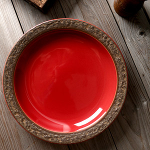大红色高端浮雕石纹理感平盘 创意陶瓷美式陶瓷餐具浅盘 水果盘子￥ 