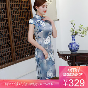 珺韵中老年女装夏真丝连衣裙中长袖妈妈装香云