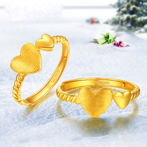 999足金可爱双心形戒指 女款黄金戒指 开口可调节大小 生日礼物