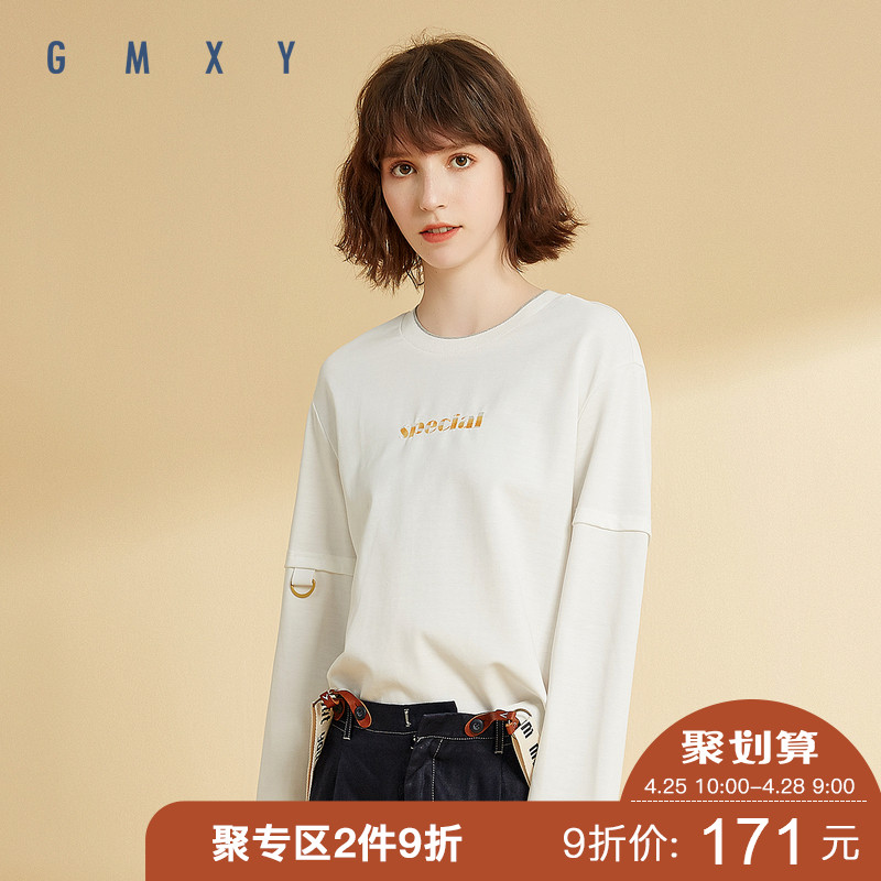 古木夕羊/GMXY2019春新品宽松印花长袖拼接个性套头打底T恤学生T