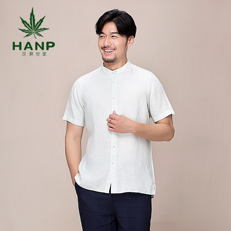 Hanp/汉麻世家休闲短袖男 棉麻衬衣立领男青年商务衬衫纯色衬衫