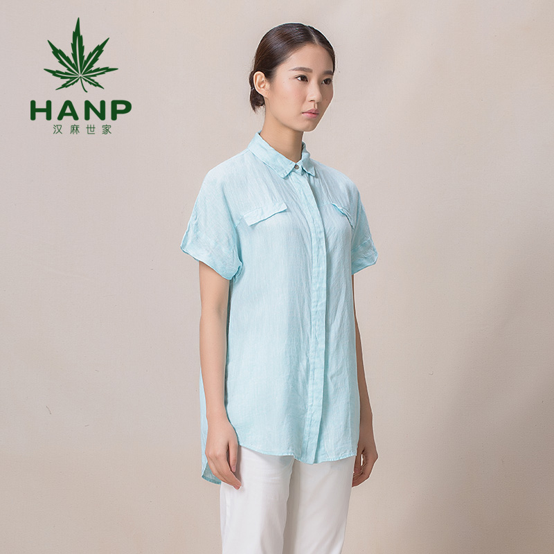 Hanp/汉麻世家宽松短袖女 棉麻衬衫女休闲衬衣通勤纯色直筒上衣