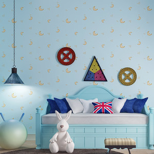 百信壁纸卡通儿童星星月亮无纺布墙纸男孩女孩卧室公主房间背景