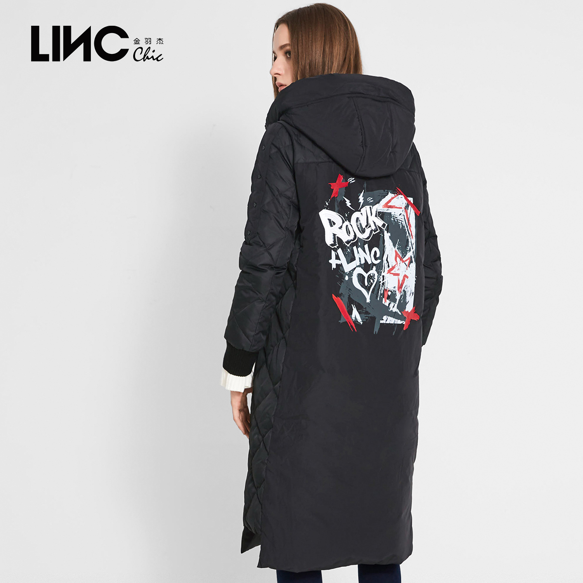 LINC金羽杰冬装新款个性街头摇滚印花连帽羽绒服女中长款外套潮