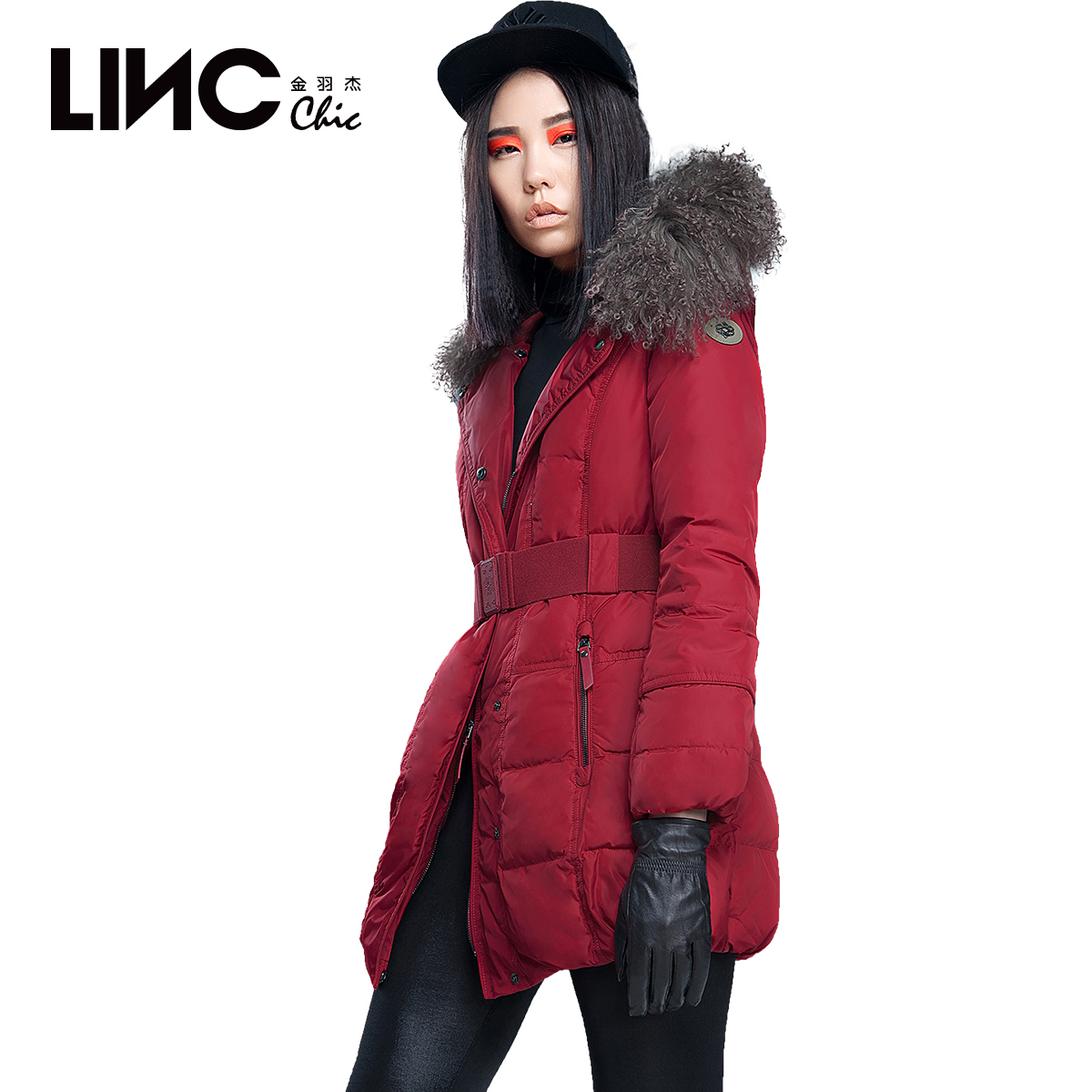 LINC 金羽杰秋冬时尚毛领连帽羽绒服女中长款腰带收腰修身外套潮