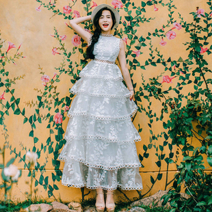 欧根纱蕾丝刺绣连衣裙仙气蓬蓬蛋糕裙海边度假及踝长裙女学生夏季