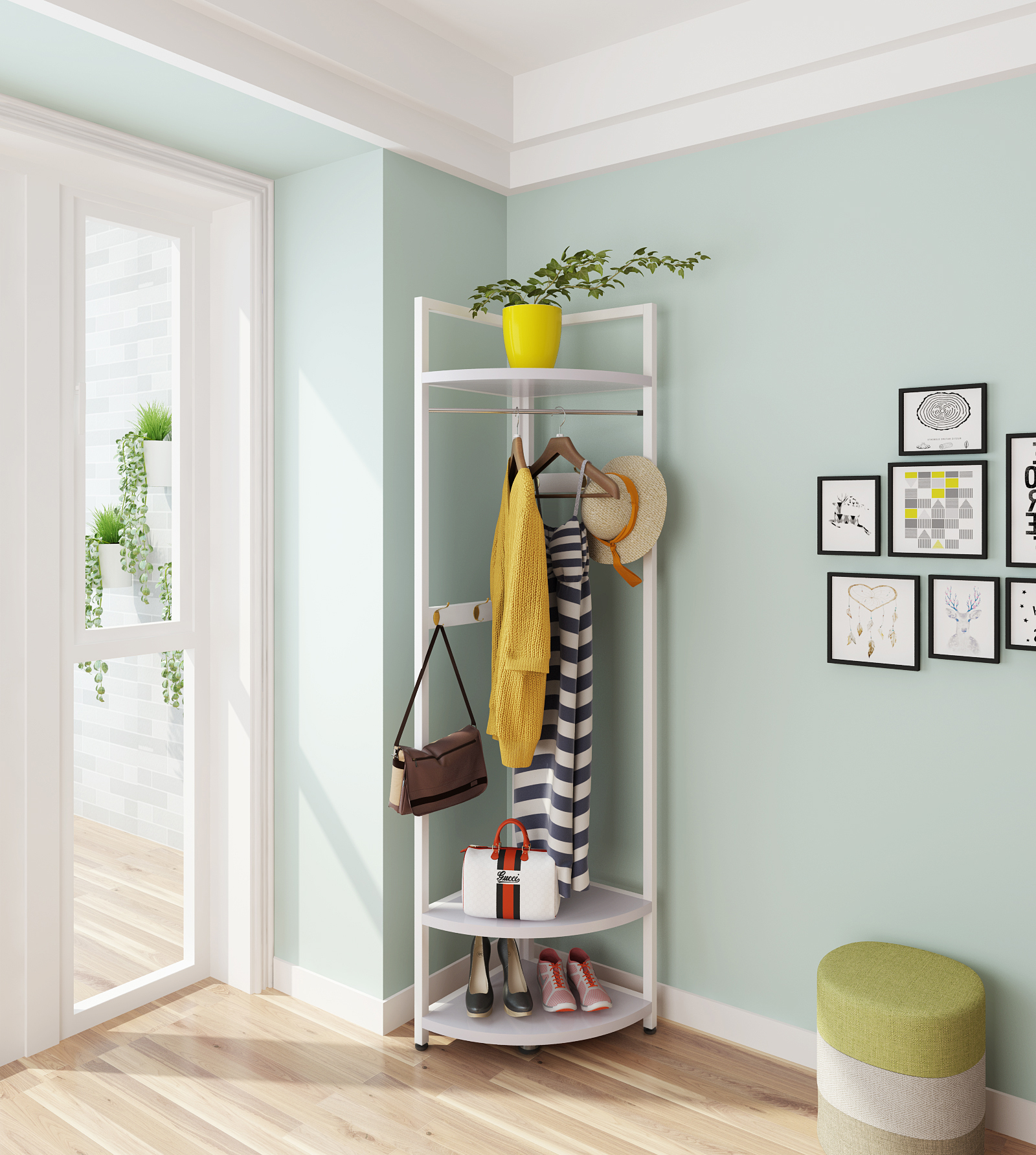 钢木衣帽架落地衣帽架卧室转角衣架置物架扇形衣服架多功能挂衣架