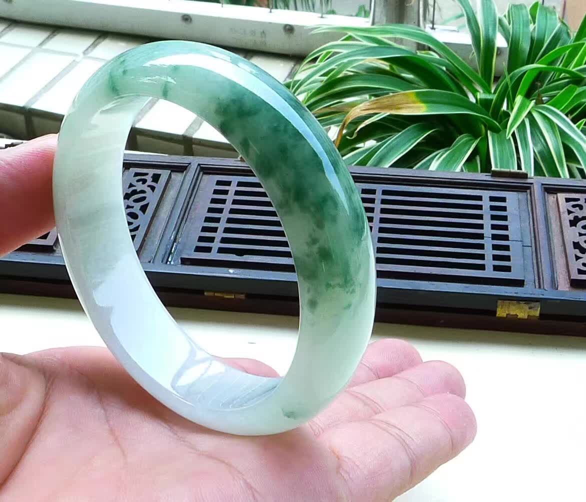 缅甸天然a货翡翠 55.3mm冰润飘花手镯0027#种水好细腻完美无纹裂