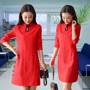 2019年元旦新年款猪年大红色本命年 span class=h>连衣裙 /span>复古