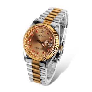 专柜正品香港皇冠蓝宝石情侣表 全钢带日历镶钻镀金防水男女手表  