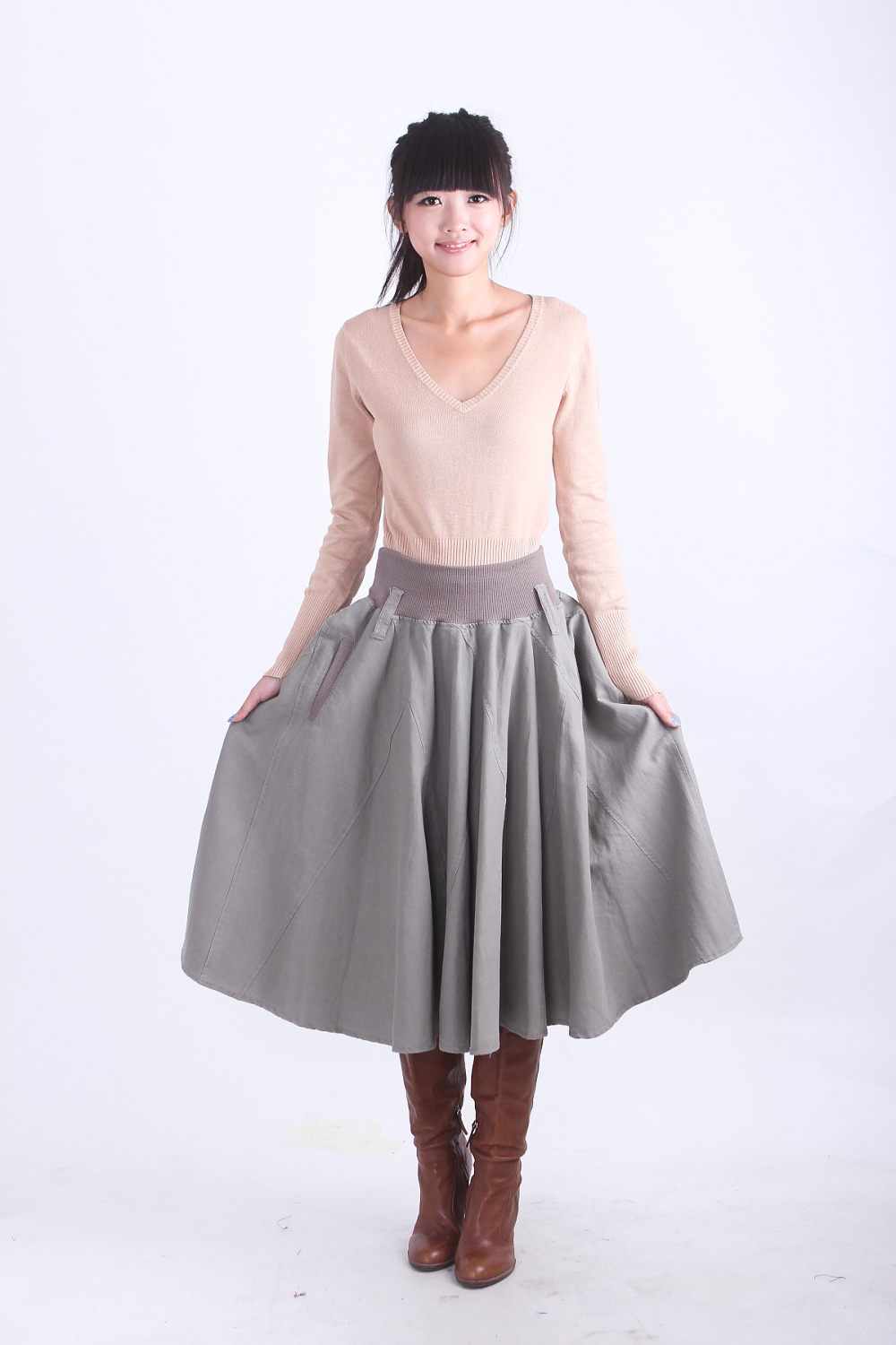 秋冬裙子大摆裙复古高腰裙半身裙纯色松紧腰半裙长款加厚半身长裙