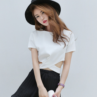 短袖t恤女装交叉韩版高腰超短款露脐夏性感漏肚脐潮小心机上衣服