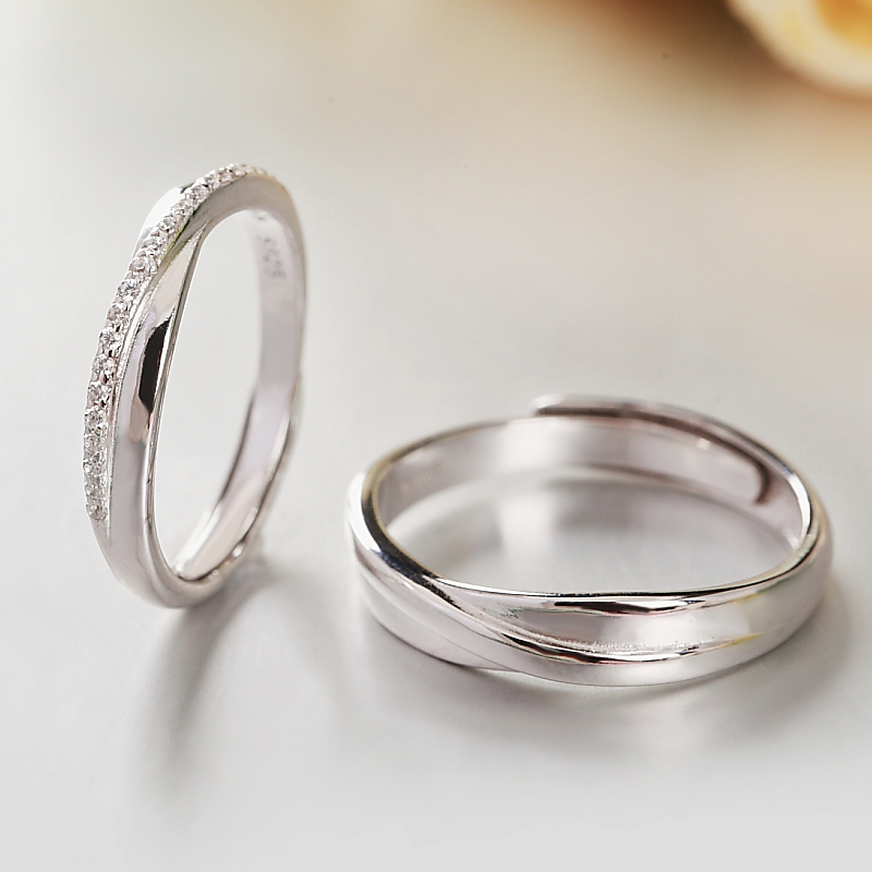 s925纯银情侣戒指 韩版微镶镀白金男女可调节指环防过敏