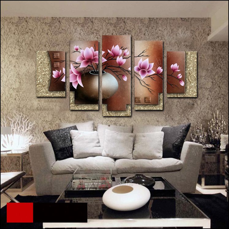 卧室客厅餐组合五联装饰简约现代沙发背景墙挂无框纯手绘油画花卉