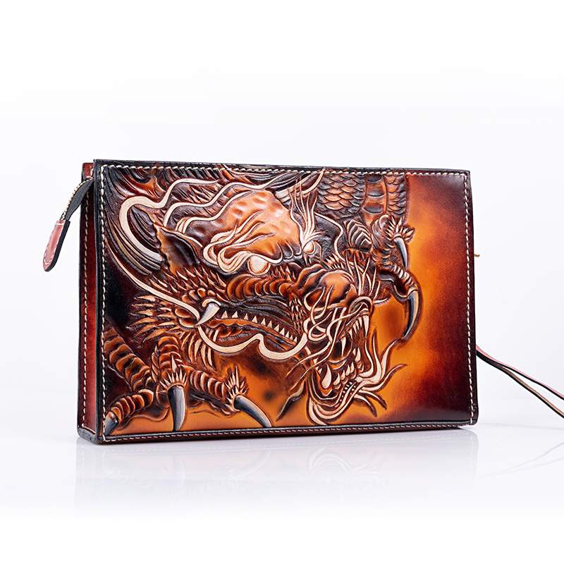 手包男真皮 span class=h>皮雕 /span>国风龙手工信封包男女复古头层